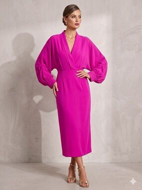 Tea n Cup Pink Midi Dress with Elegant V-Neck and Flowing Design 💕